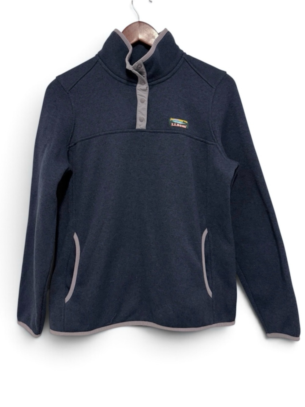 L.L. Bean Sweater Fleece Pullover Navy Blue Sweater Knit Snap-T Medium Petite